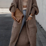 Brown taupe long cardigan with textured knit, open front, and roomy side pockets