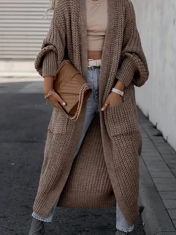 Brown taupe long cardigan with textured knit, open front, and roomy side pockets