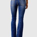High-waisted slim-fit blue jeans, back view with two patch pockets and belt loops