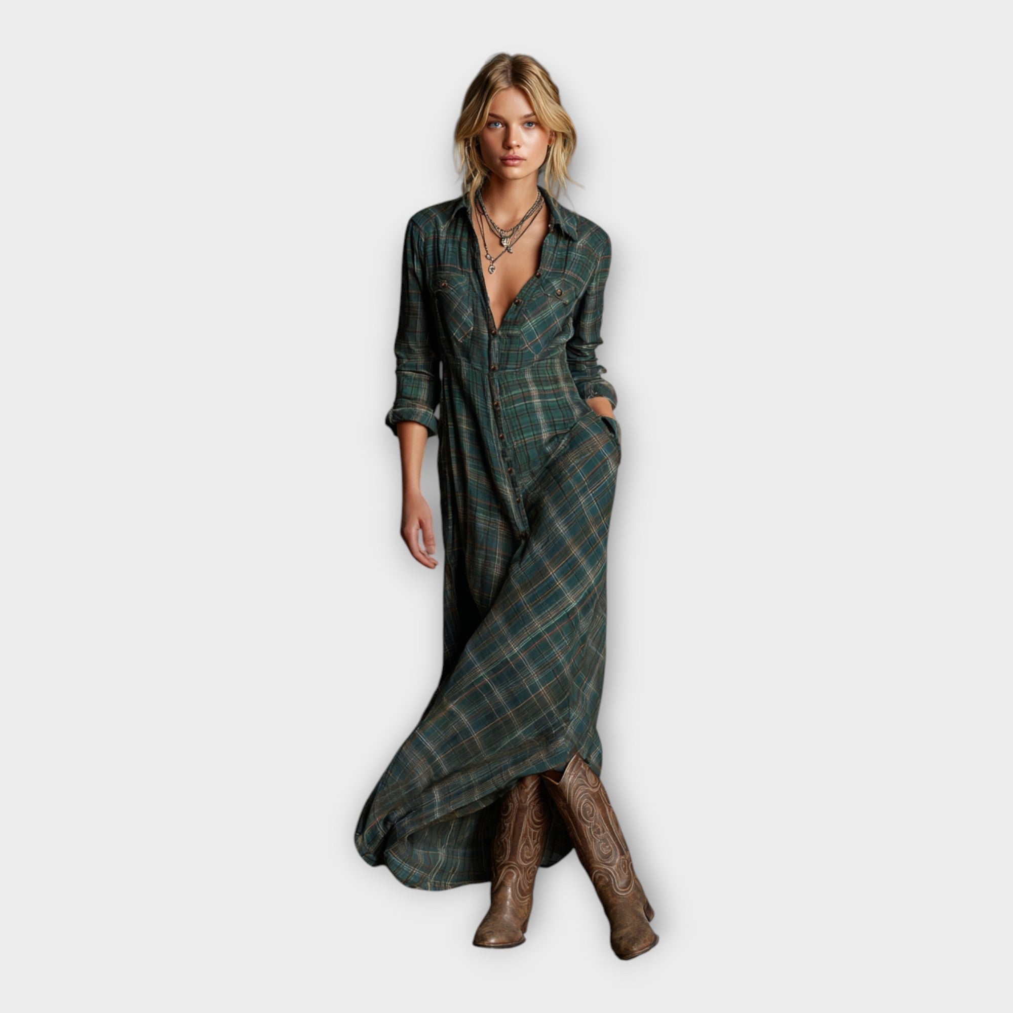 Women’s plaid shirt dress in dark green, V-neck, button front, 3/4 sleeves