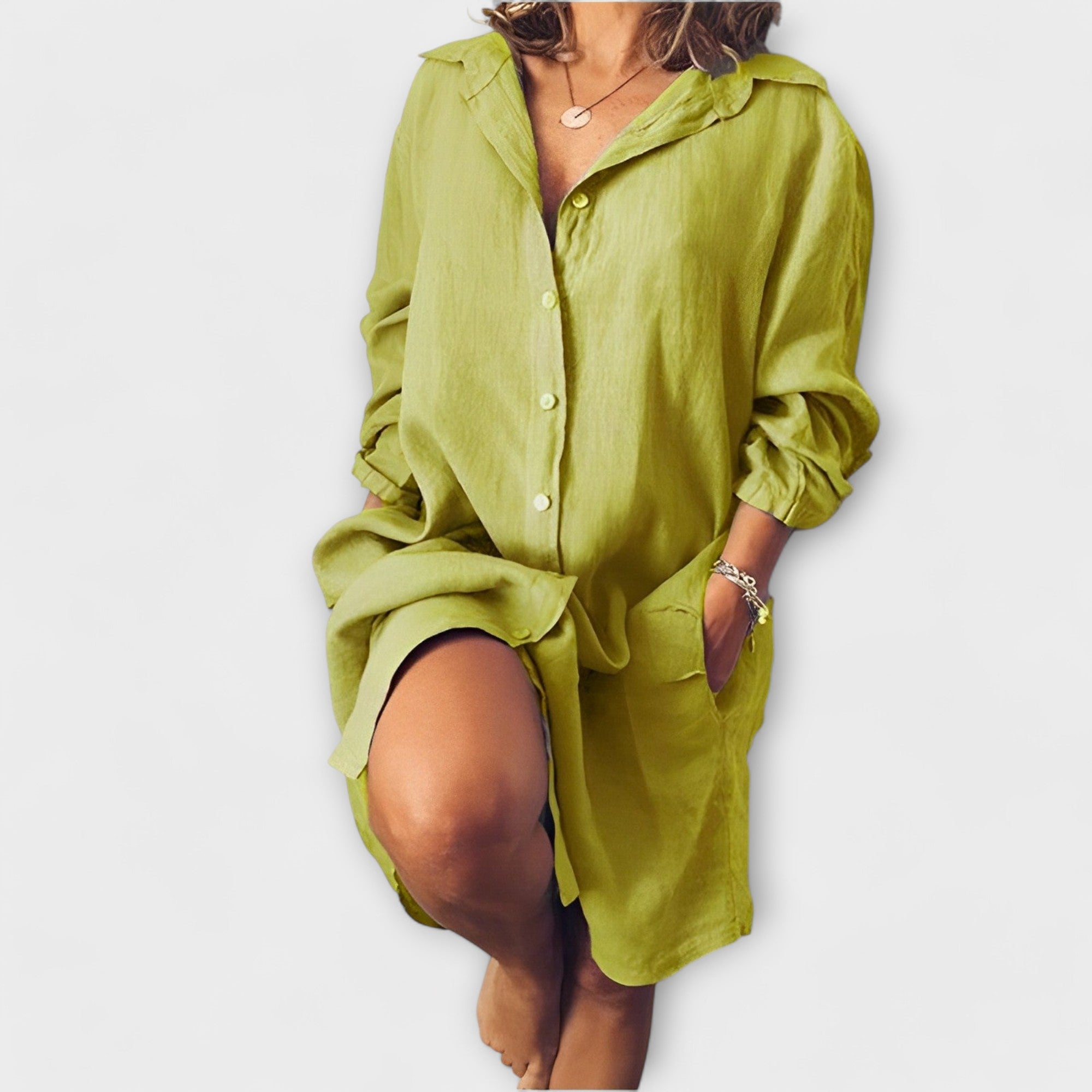 Loose linen shirt-dress, lime green, button-front, point collar, long sleeves, relaxed fit.