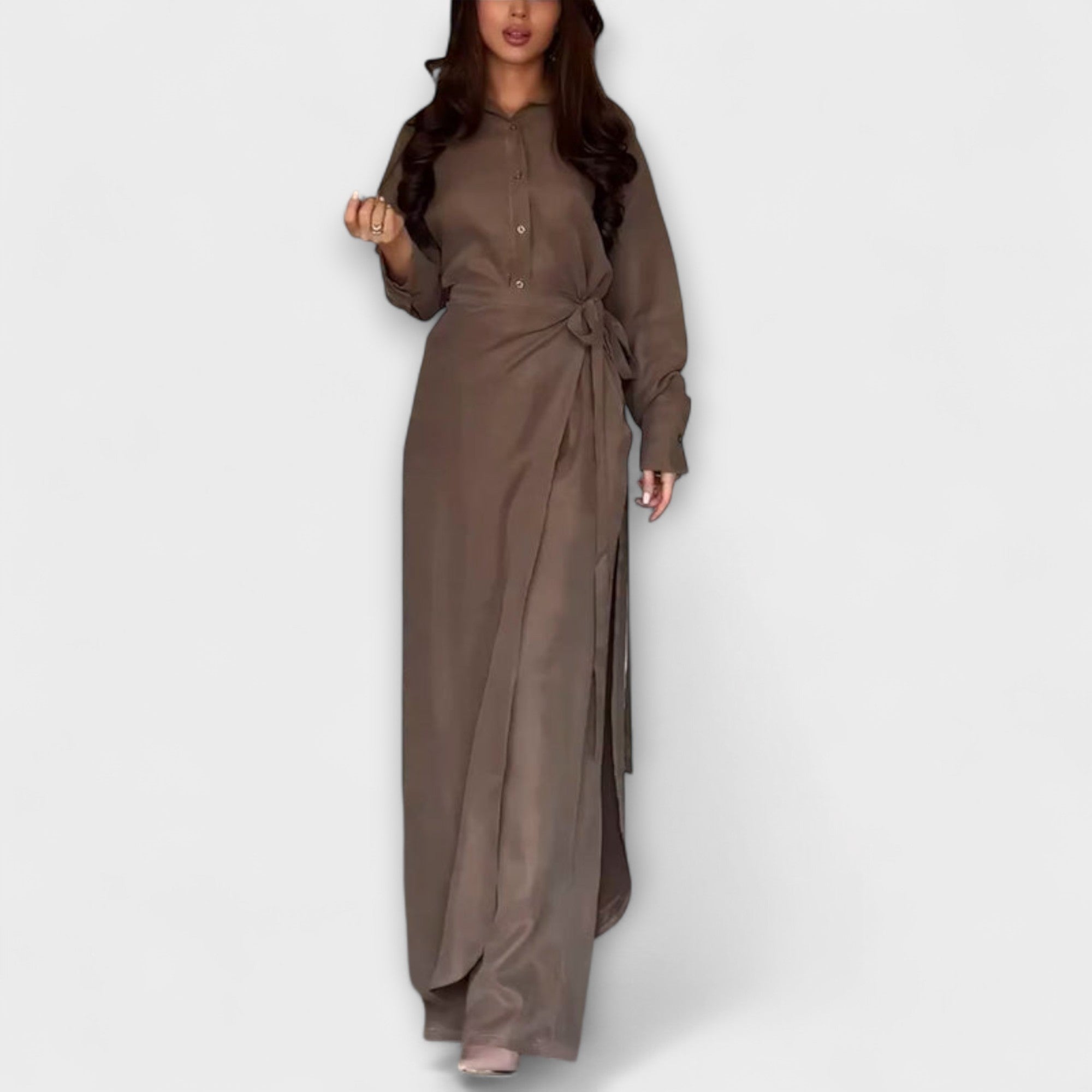 Two-piece button-up shirt and tie-waist wide-leg pants set, brown, front tie detail.