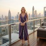 Women's purple sleeveless maxi dress with gold embroidered V trim and long side slit