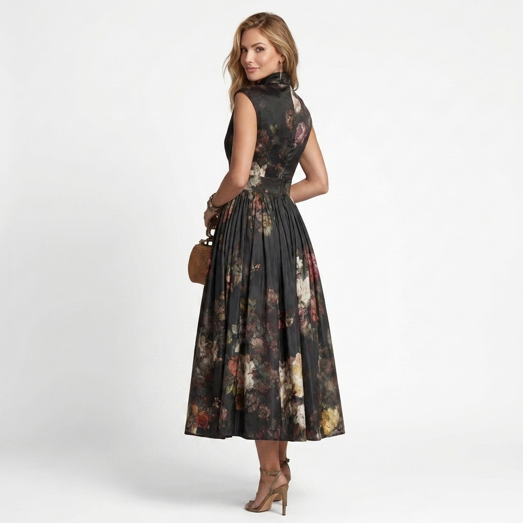 Floral midi pleated dress, dark sleeveless high-neck bodice, full skirt