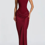 Burgundy maxi dress with square neckline and ruched drape at the waist