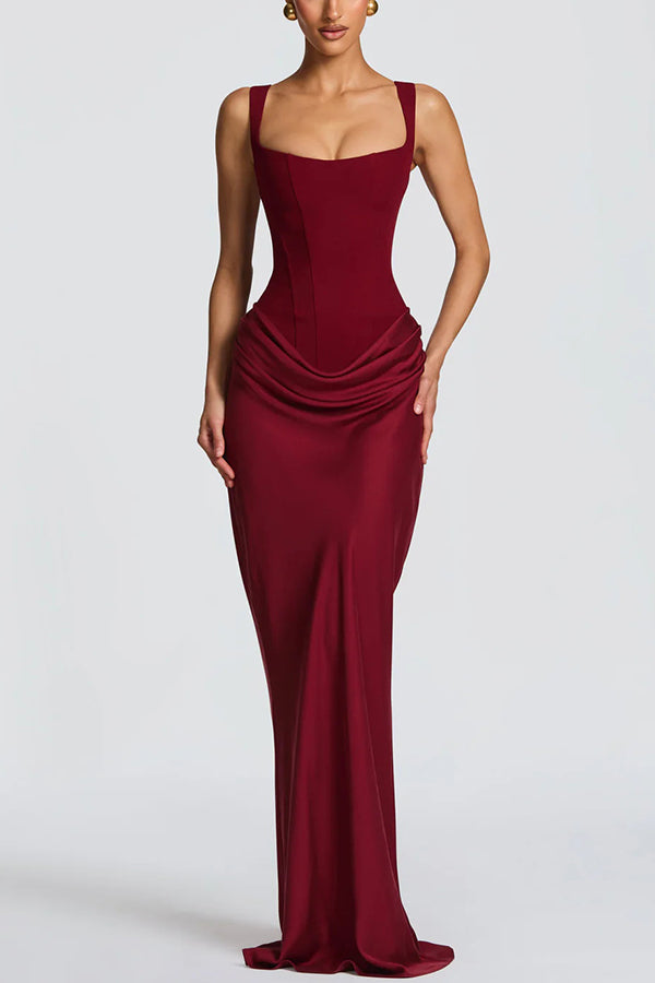 Burgundy maxi dress with square neckline and ruched drape at the waist