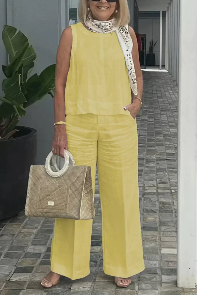 Yellow sleeveless cotton-linen top with wide-leg pants