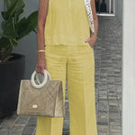 Yellow sleeveless cotton-linen top with wide-leg pants