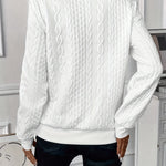White cable-knit zip-front sweater, back view, long sleeves with textured braid pattern.