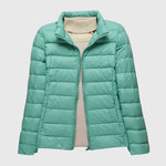 Lightweight puffer jacket, teal, stand collar, full-zip front and quilted panels