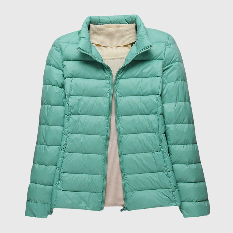 Lightweight puffer jacket, teal, stand collar, full-zip front and quilted panels