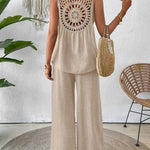 Light beige tank and wide-leg pants set, crochet mandala back detail