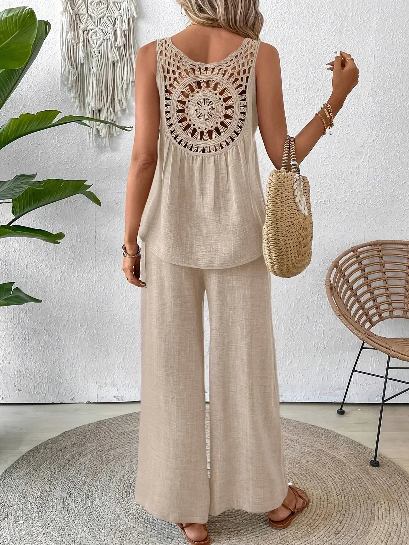 Light beige tank and wide-leg pants set, crochet mandala back detail