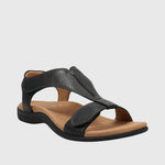 Black slide-style orthopedic sandals with open toe and padded straps