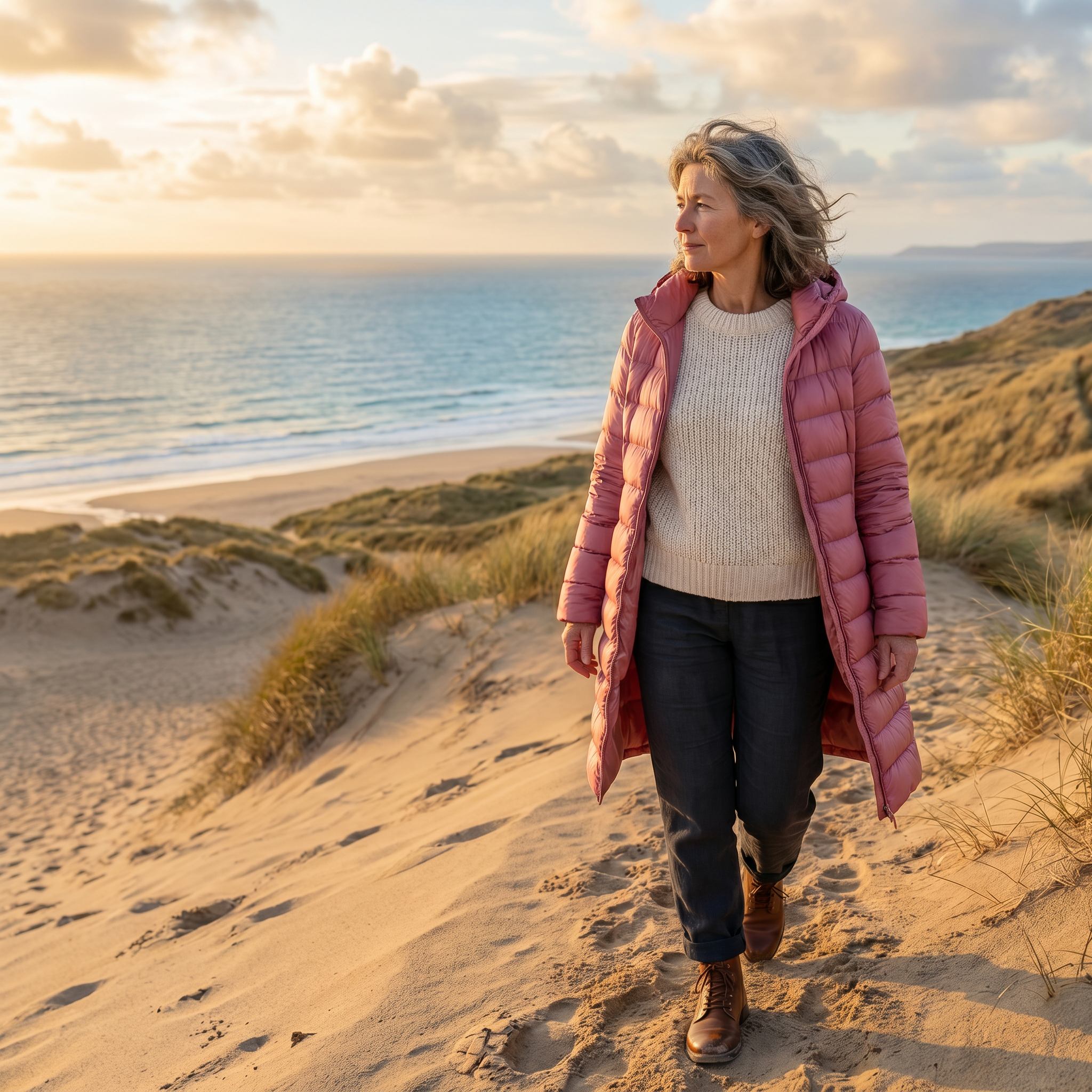 Lightweight quilted hooded jacket in pink worn over a knit top and dark pants