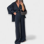 Two-layer V-neck top and wide-leg pants set, navy, full-length wide-leg pants