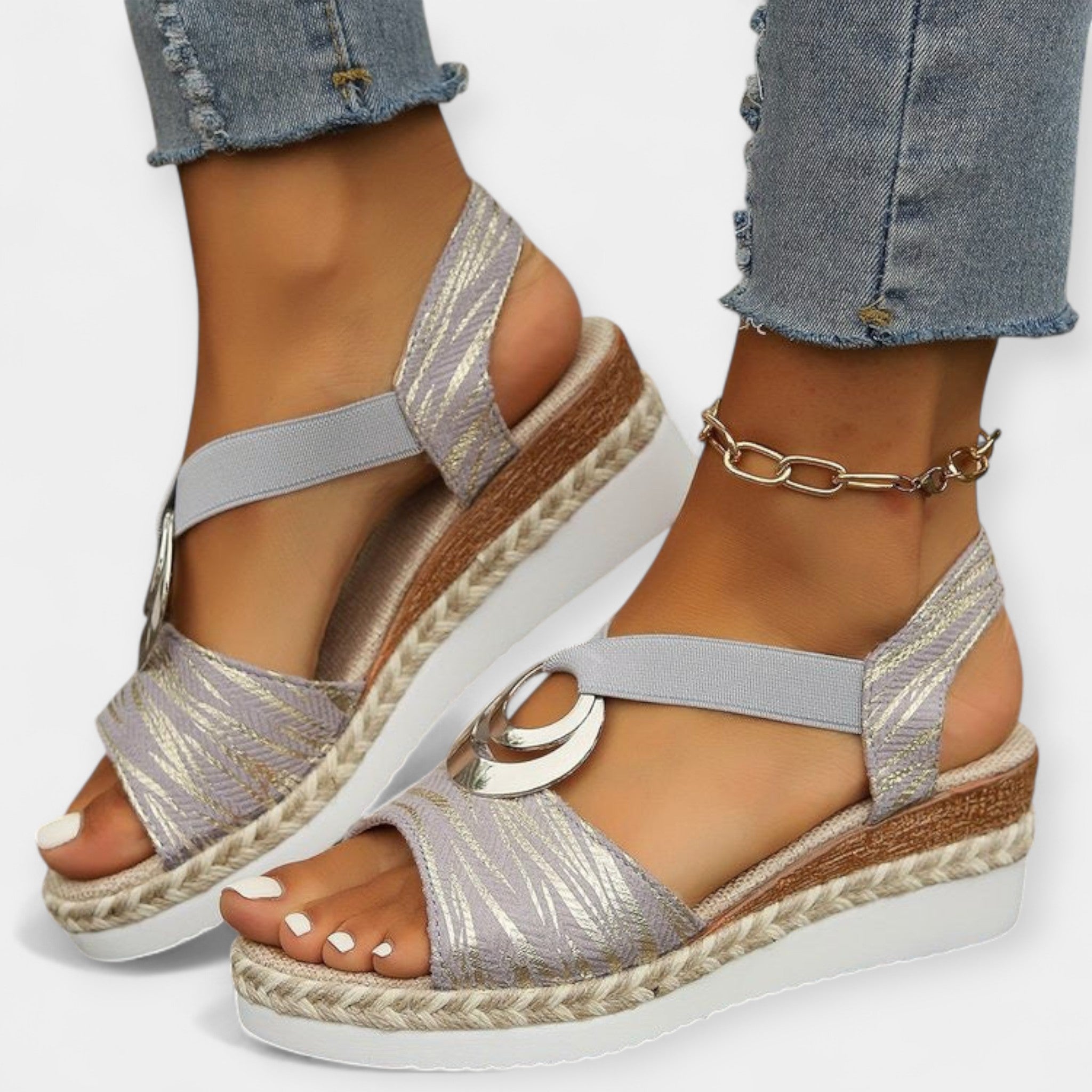 Roman knit sandals, light gray straps with striped knit upper and espadrille wedge