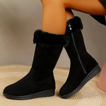 Women's black ankle-to-calf suede boots with faux-fur collar and side zipper