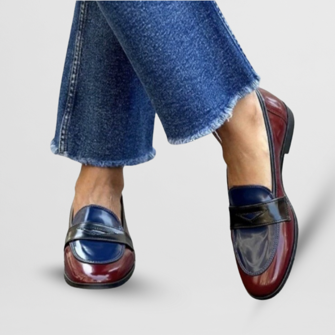 Two-tone burgundy and blue moccasin loafers with strap detail