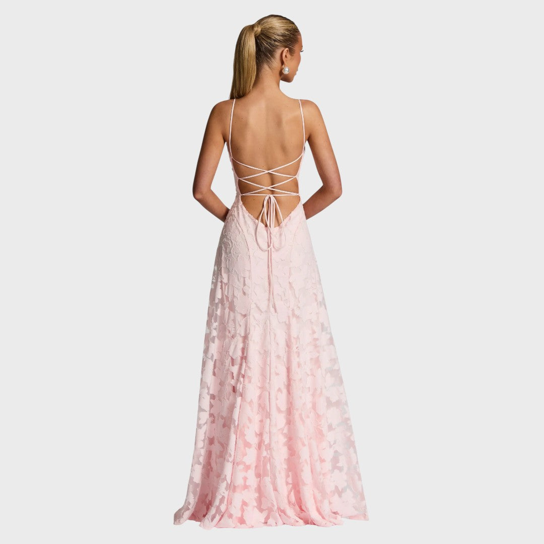 Pink maxi dress with open crisscross back and tie, spaghetti straps, lace-like print