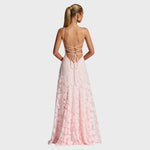 Pink maxi dress with open crisscross back and tie, spaghetti straps, lace-like print
