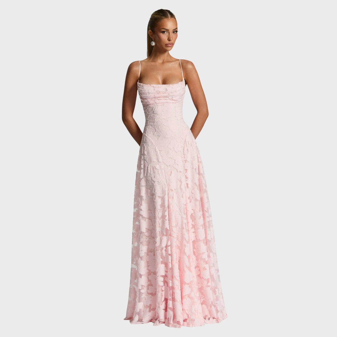 Pink maxi dress with square neckline, spaghetti straps, lace-like jacquard