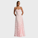 Pink maxi dress with square neckline, spaghetti straps, lace-like jacquard