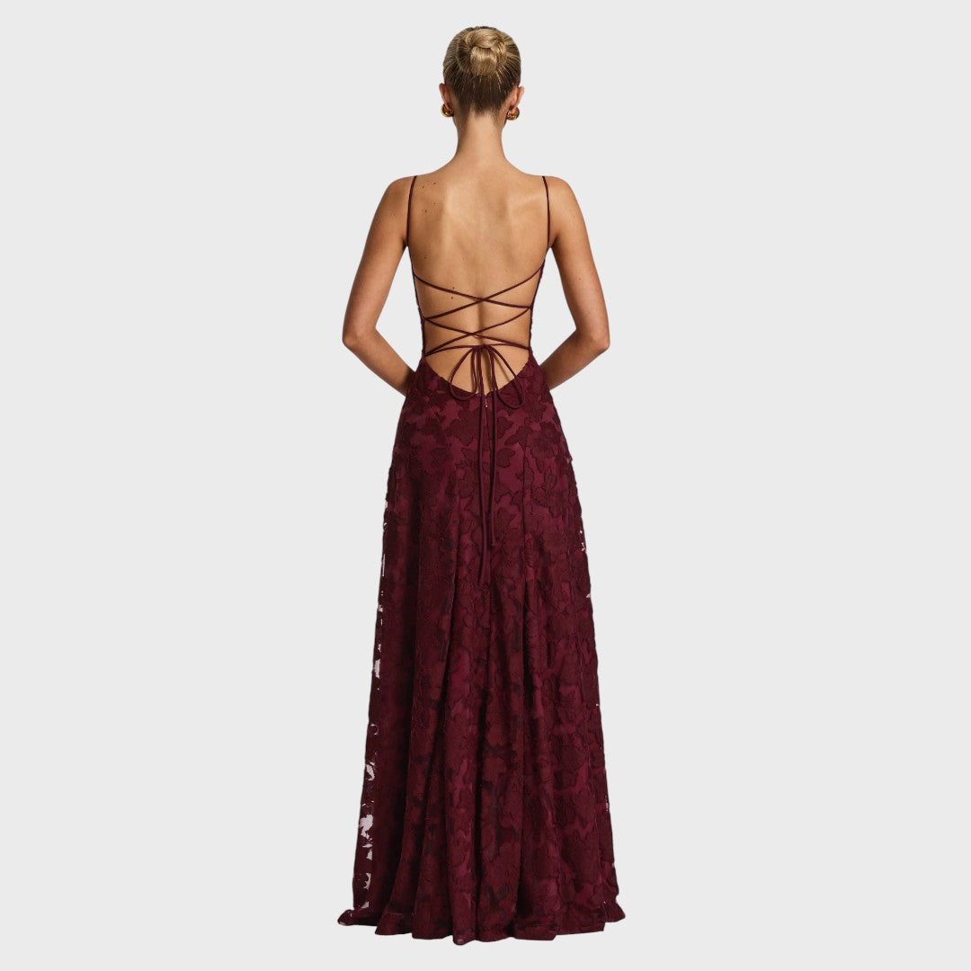 Burgundy maxi dress with crisscross open back and tie, spaghetti straps