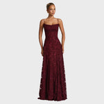 Burgundy maxi dress with square neckline, spaghetti straps, lace-like jacquard