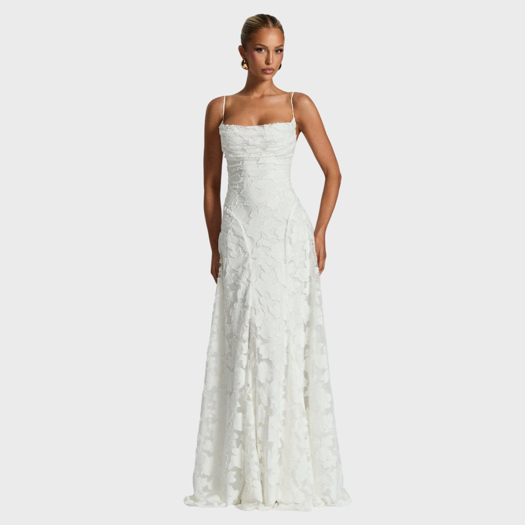 White maxi dress with square neckline, spaghetti straps, lace-like jacquard