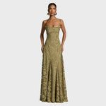 Olive maxi dress with square neckline and spaghetti straps, lace-like jacquard