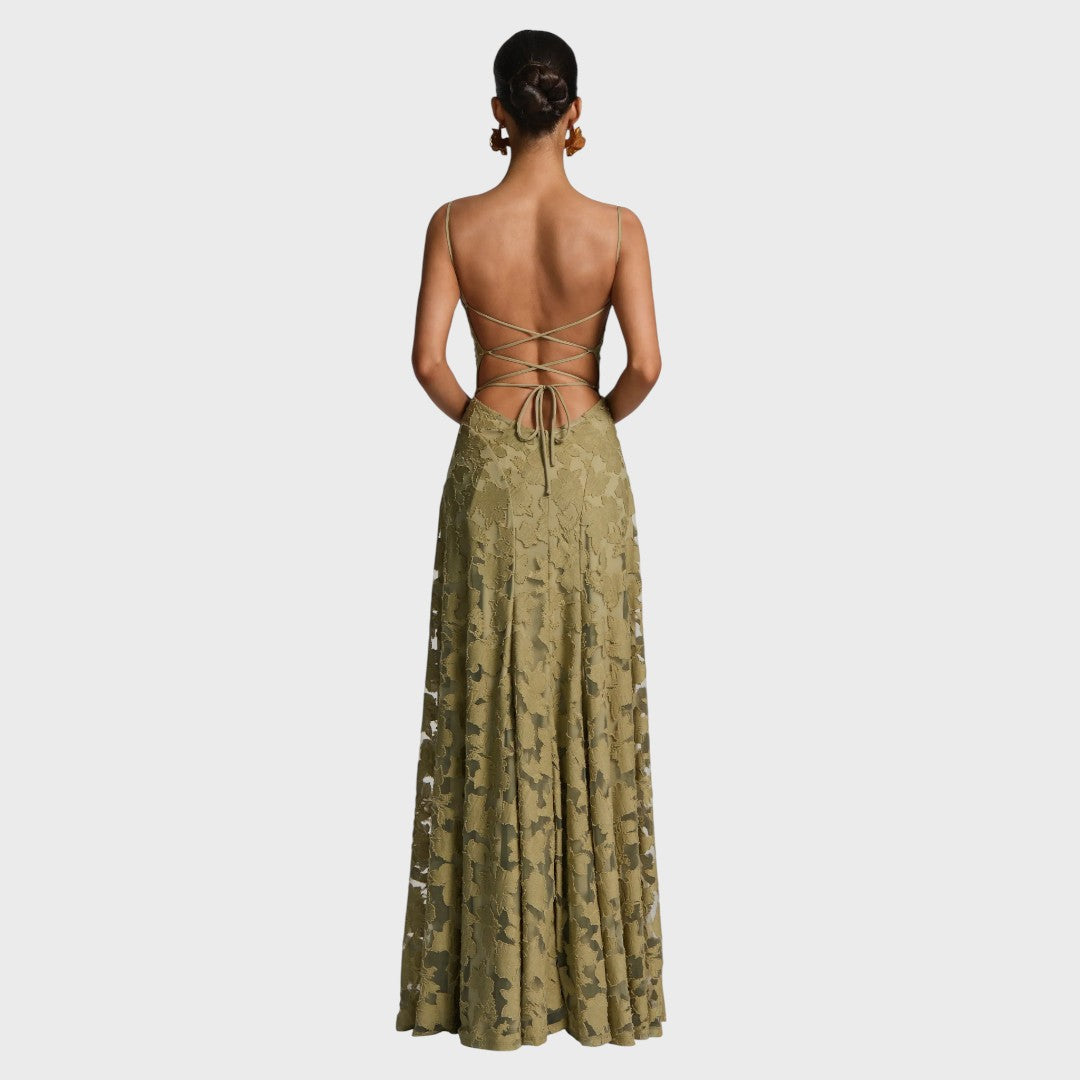 Olive maxi dress with crisscross open back and tie, spaghetti straps