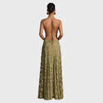 Olive maxi dress with crisscross open back and tie, spaghetti straps