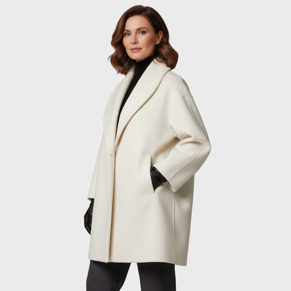 Cream wool coat with notch lapel and flap pocket, single-breasted front, long sleeves