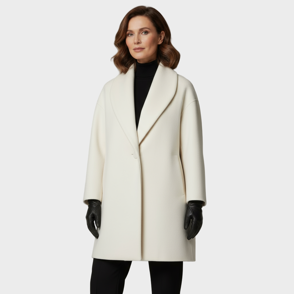 Ivory wool coat with notch lapel, single-button front, side flap pockets, mid-thigh length