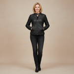 Black leather-look zip jacket with stand collar and side pockets, worn by model