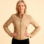 Beige leather-look zip jacket with stand collar and zip pockets, worn by model