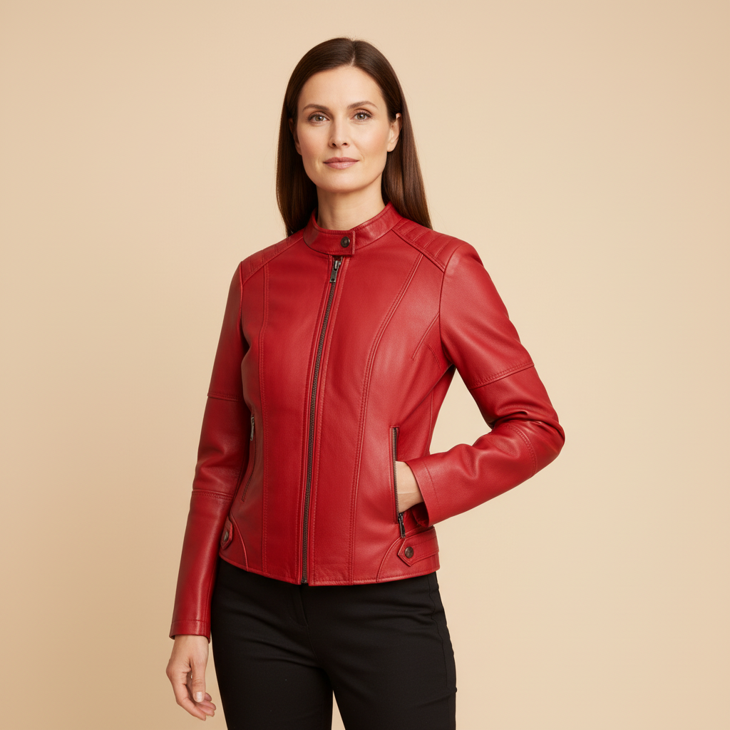 Red leather-look moto jacket on model, front zipper, stand collar, zip pockets