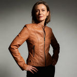 Warm brown leather-look jacket, full-zip front, stand collar, side zip pockets