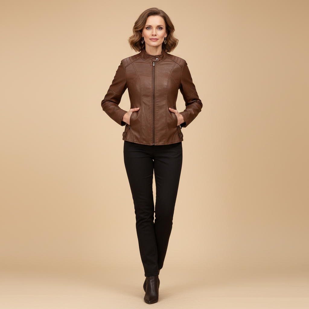 Brown leather-look zip jacket with stand collar and side pockets, on model