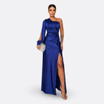Navy one-shoulder maxi dress with draped sleeve and side slit, ruched waist