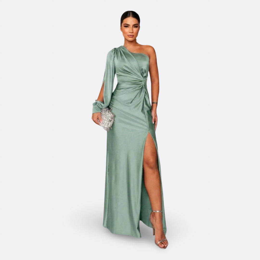 Light green one-shoulder maxi dress with draped sleeve and side slit, ruched waist