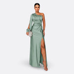 Light green one-shoulder maxi dress with draped sleeve and side slit, ruched waist