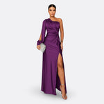 Purple one-shoulder maxi dress with draped sleeve and side slit, ruched waist