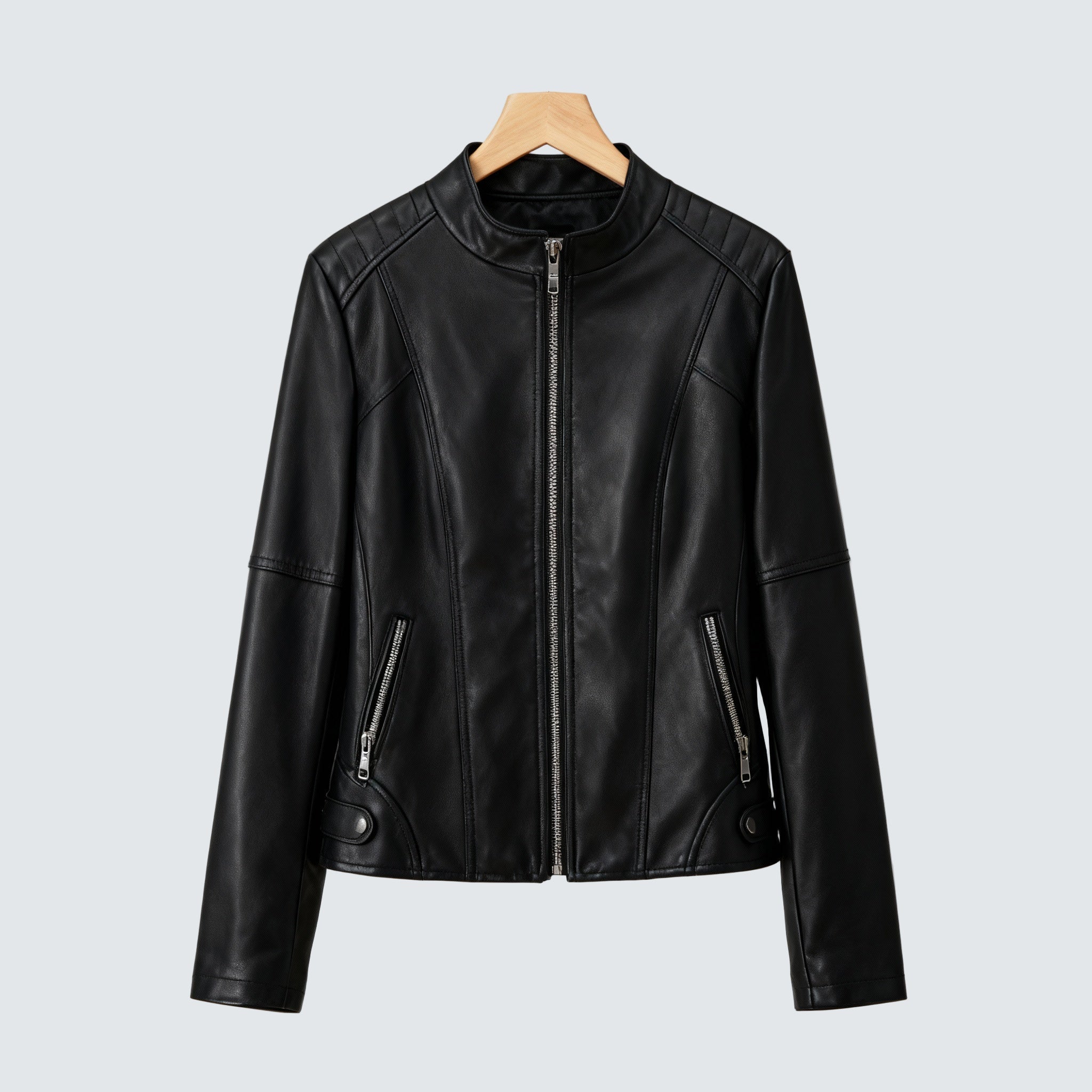 Black leather-look jacket, full-zip front, stand collar, zip pockets, long sleeves