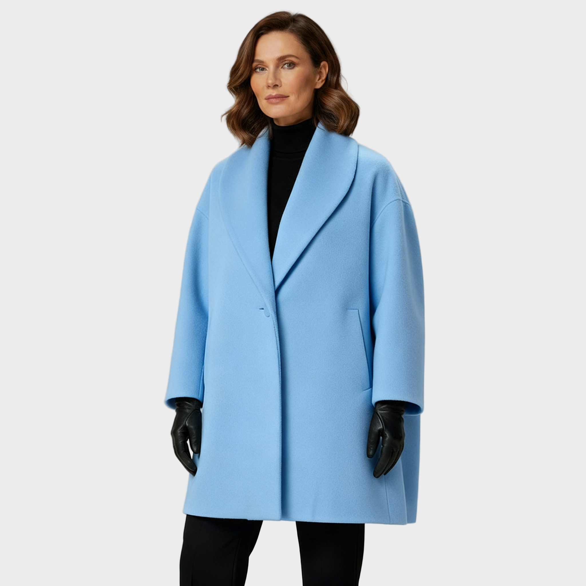 Light blue wool coat with notch lapel, single-button front, flap pocket, side pockets