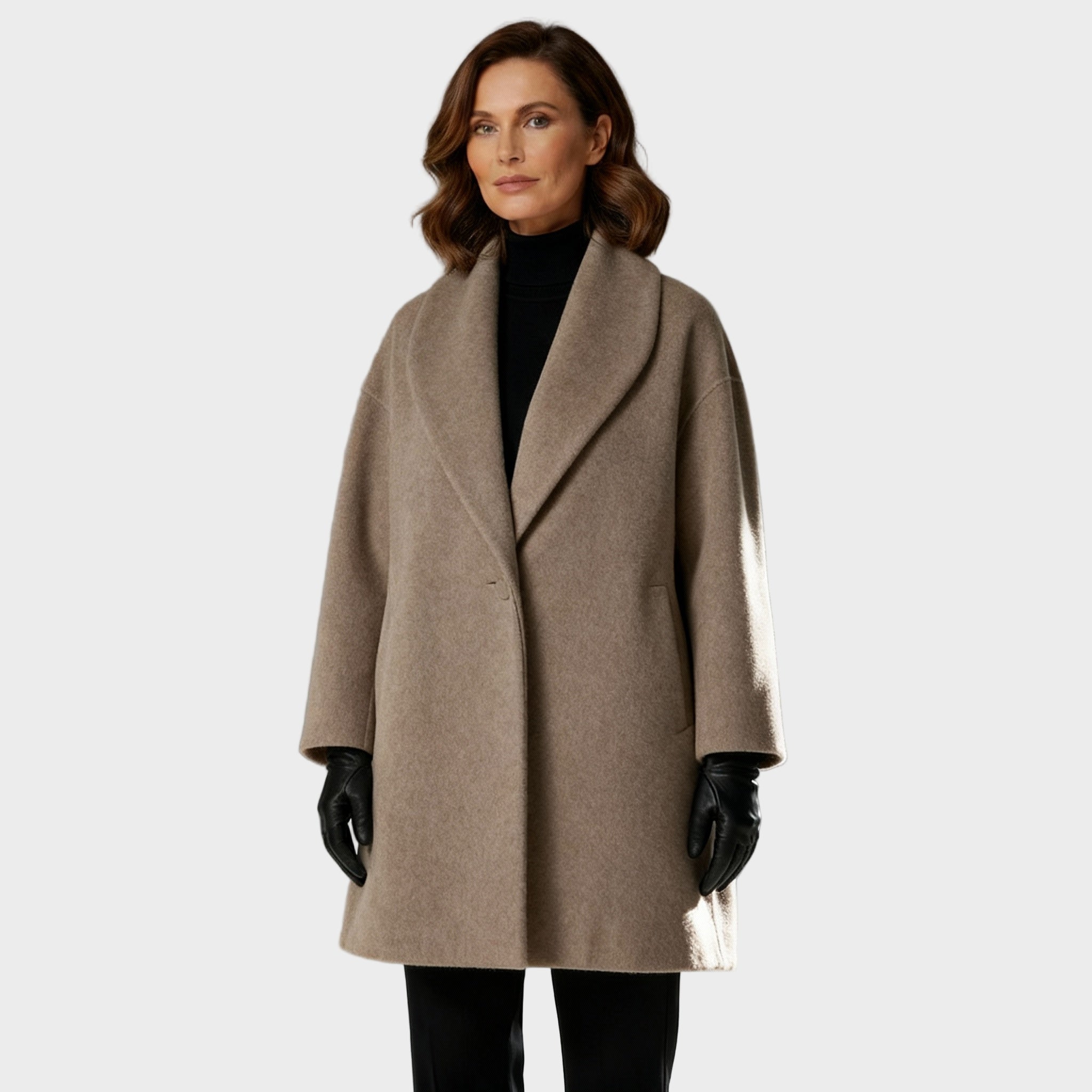 Taupe beige wool coat with notch lapel, single-button front, side flap pockets, mid-thigh length
