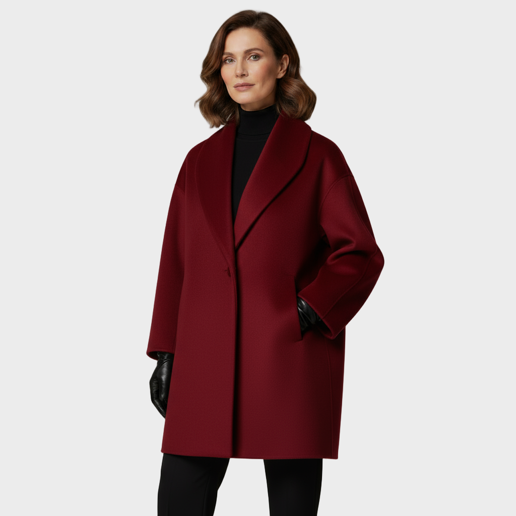 Deep burgundy wool coat with notch lapel, single-button closure, side flap pockets