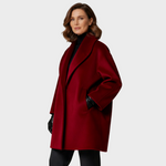 Wine red wool coat with notch lapel, single-breasted front, side flap pocket, long sleeves