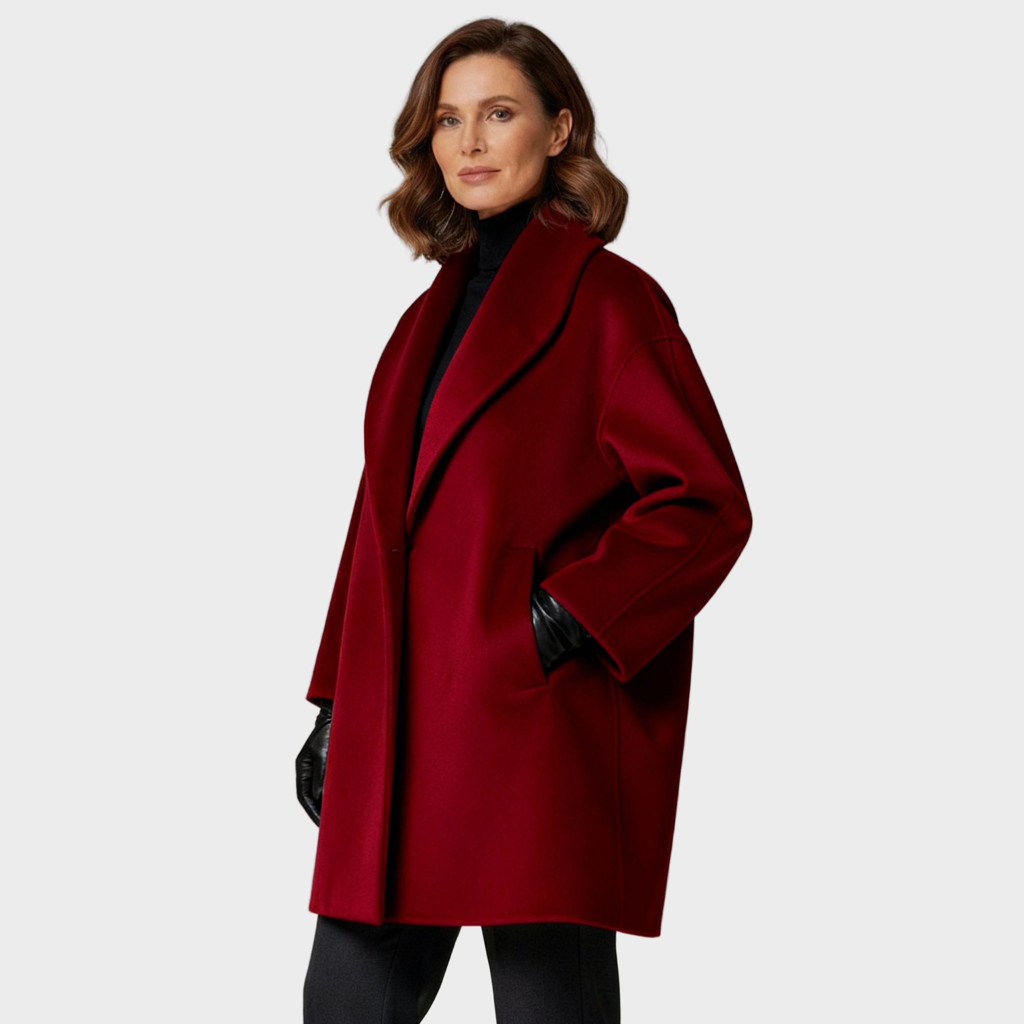 Wine red wool coat with notch lapel, single-breasted front, side flap pocket, long sleeves